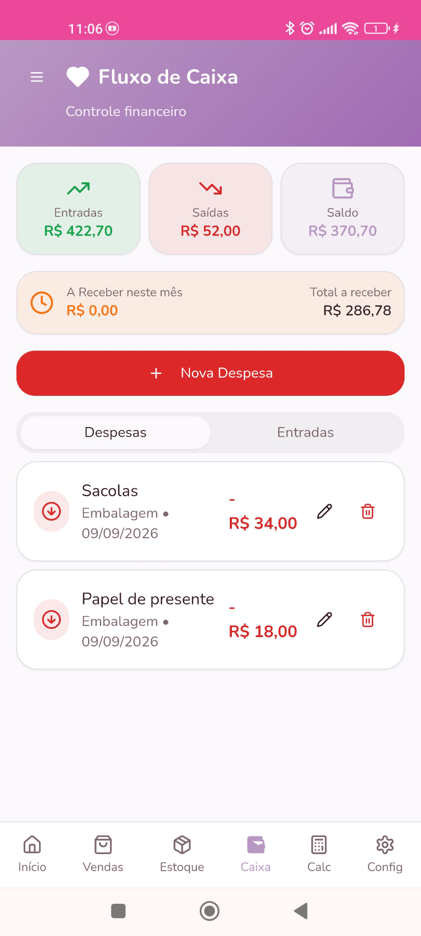 Tela de despesas e saídas do Organiza Pro