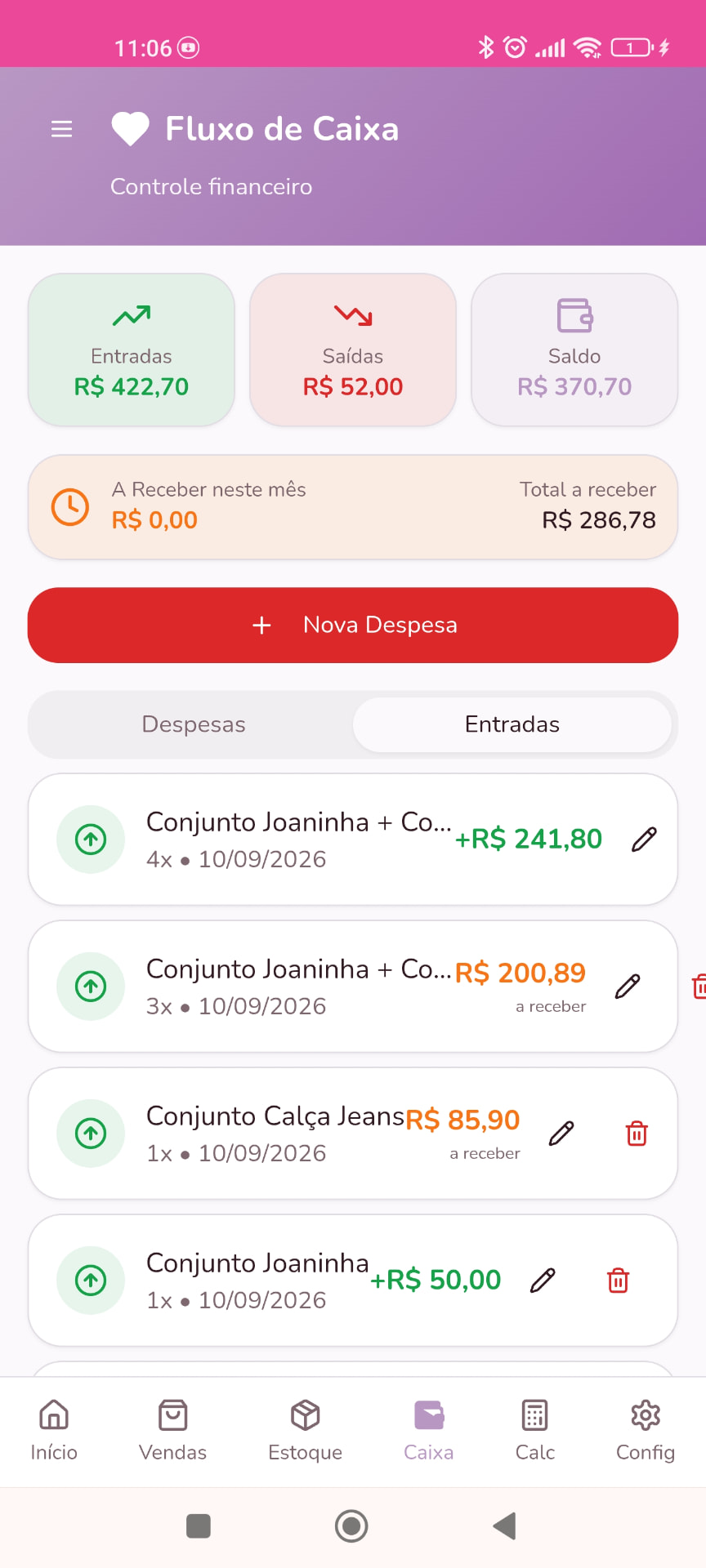 Tela de entradas do Organiza Pro