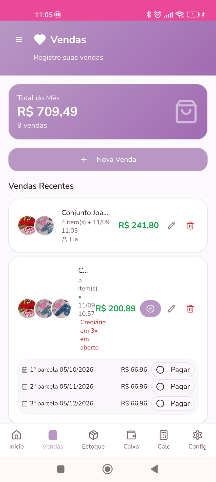 Tela de vendas recentes do Organiza Pro