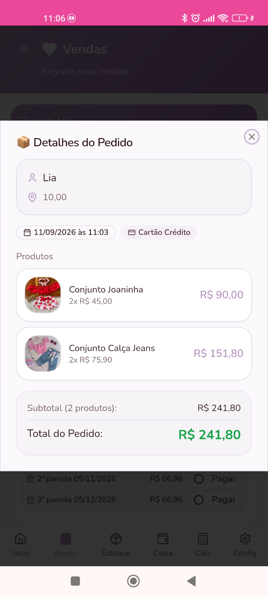 Detalhes de um pedido no Organiza Pro