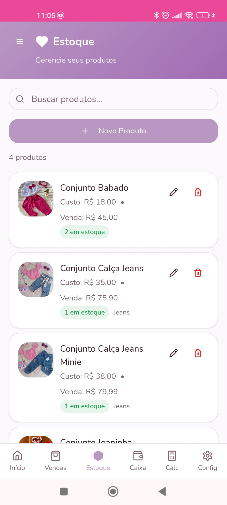 Tela de estoque e produtos do Organiza Pro